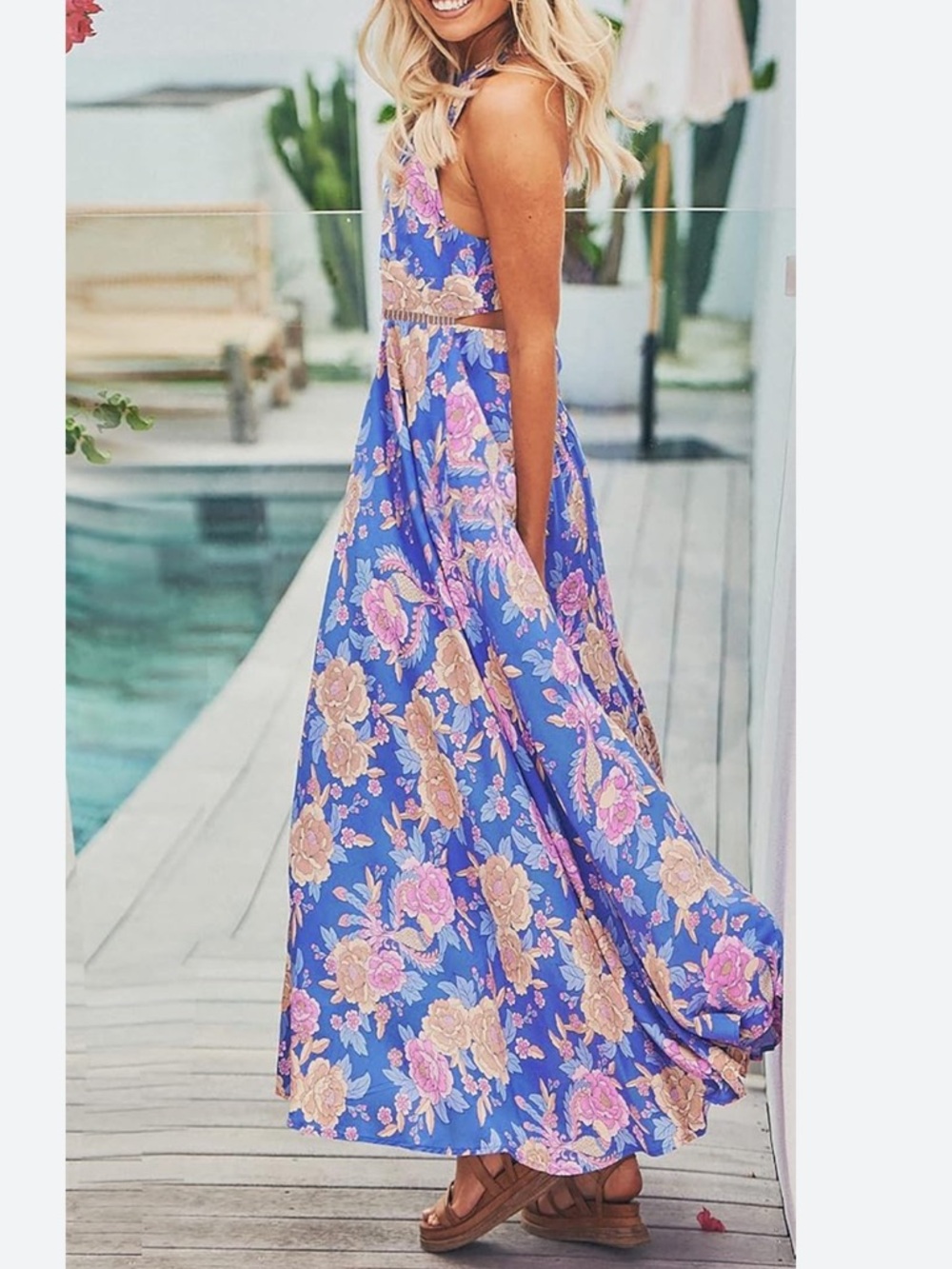 NWT Zesica Blue Floral Halter Maxi Dress with Pink Accents